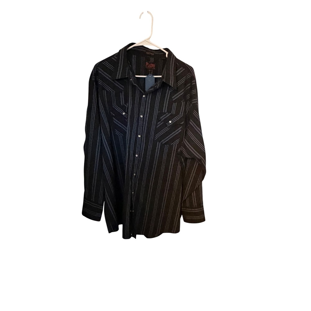 Plains Western Wear Mens 3X Big Man Black Blue Striped Pearl Snap Western Shirt